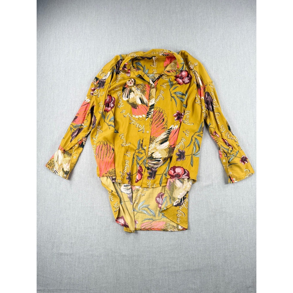 Free People Mustard Yellow Bird Floral High Low Button Down Shirt XS